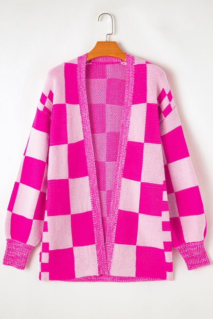 Rose Red Checkered Printed Ribbed Trim Open Front Cardigan