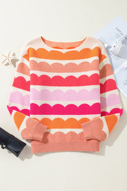 Wave Striped Balloon Sleeve Drop Shoulder Sweater