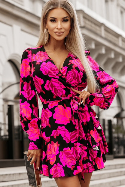 Rose Floral Print V Neck Ruffle Tiered Mini Dress