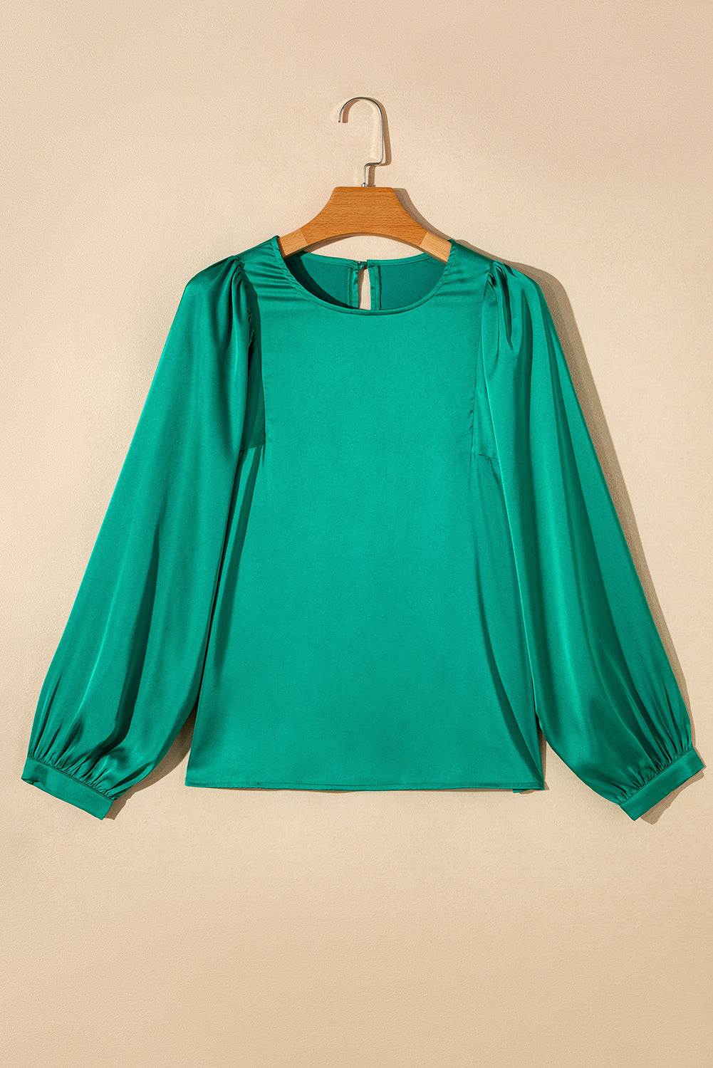 Plain Satin Puff Long Sleeve Crewneck Blouse