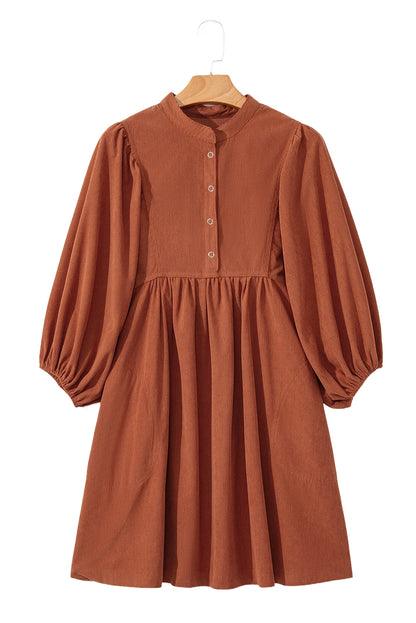 Snap Button Empire Waist Lantern Sleeve Corduroy Dress