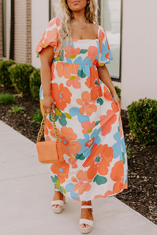 Plus Size Orange Floral Print Square Neck Maxi Dress