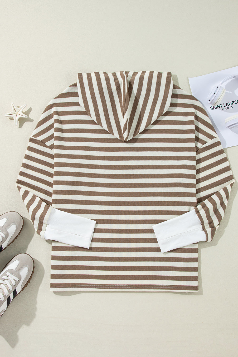 Plus Size Brown Stripe Drop Sleeve Henley Hoodie