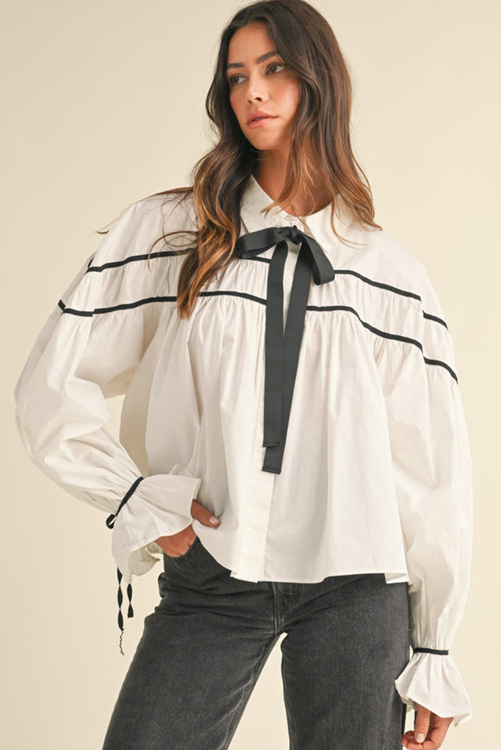 White Sweet Bow knot Button-up Long Sleeve Blouse