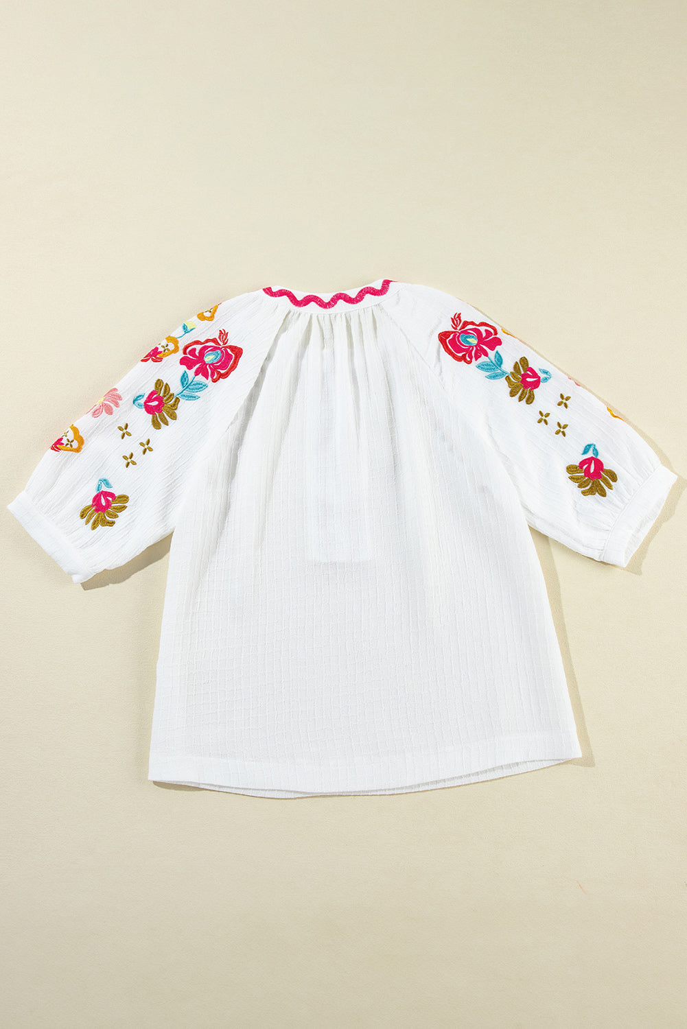 Floral Embroidered Ricrac Puff Sleeve Textured Blouse