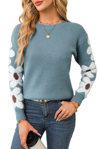 Light Grey Flower Sleeve Drop Shoulder Sweater