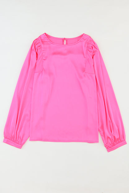 Plain Satin Puff Long Sleeve Crewneck Blouse