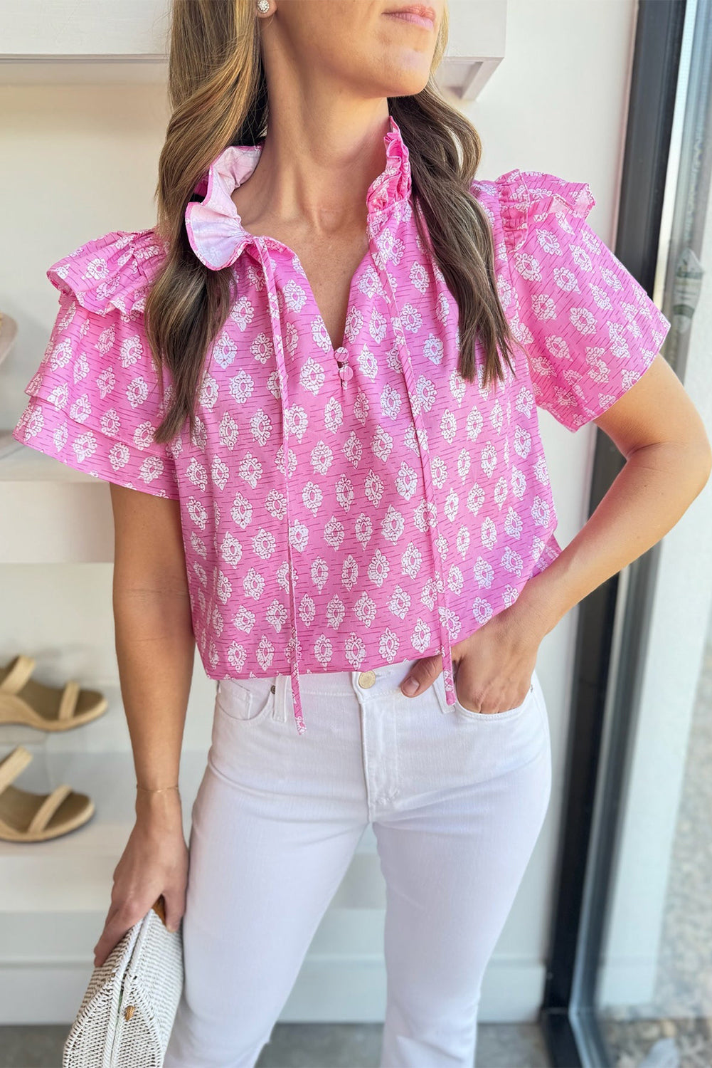 Pink Vintage Floral Ruffled Split Neck Blouse