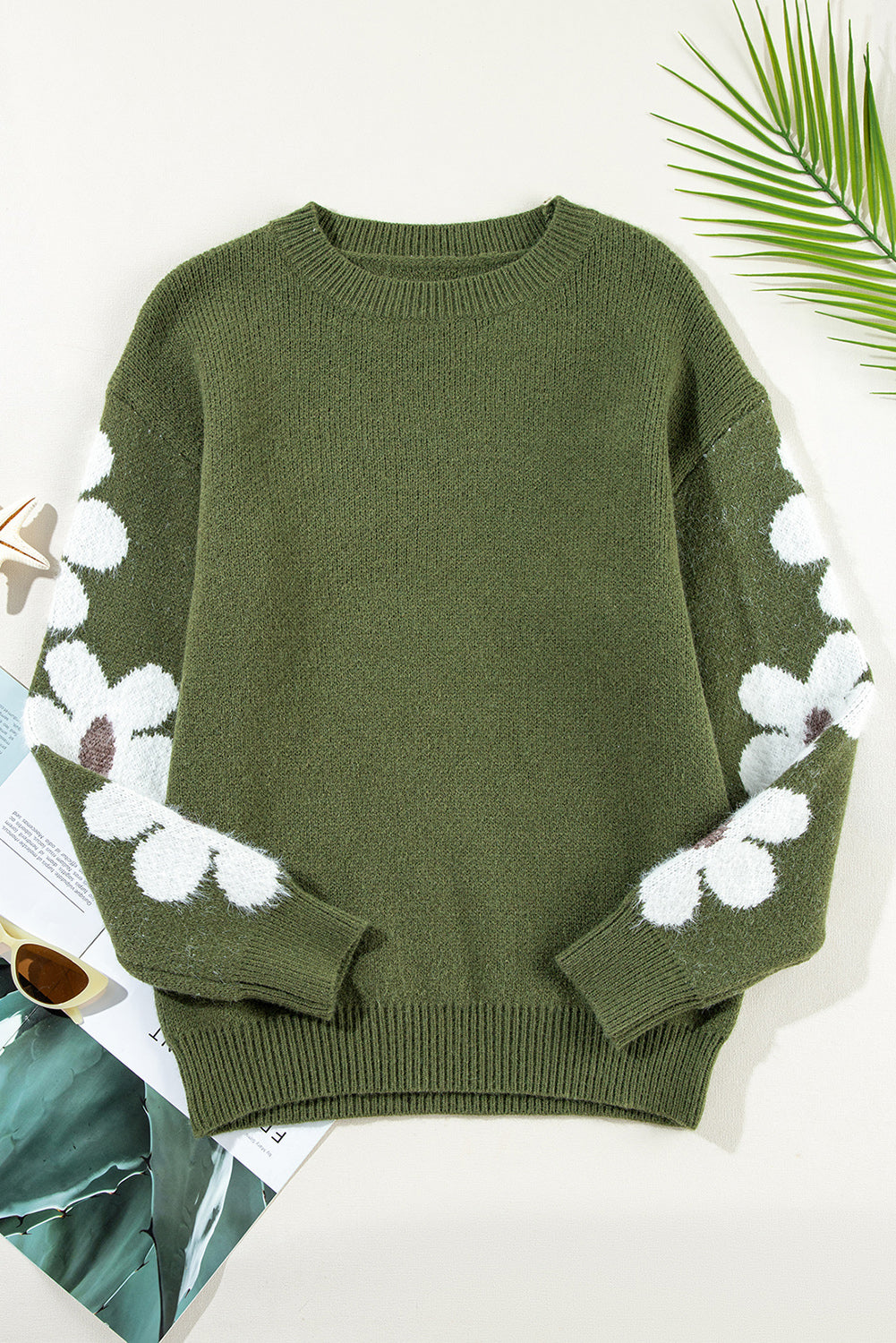 Light Grey Flower Sleeve Drop Shoulder Sweater