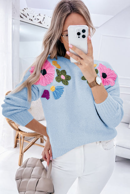 Knitted Flower Pattern Ribbed Edge Sweater