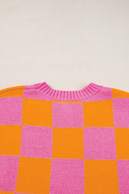 Strawberry Pink Colorblock Plaid Knit Dolman Top