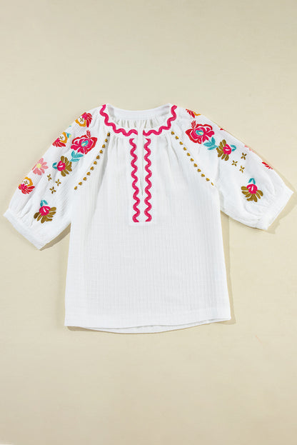 Floral Embroidered Ricrac Puff Sleeve Textured Blouse