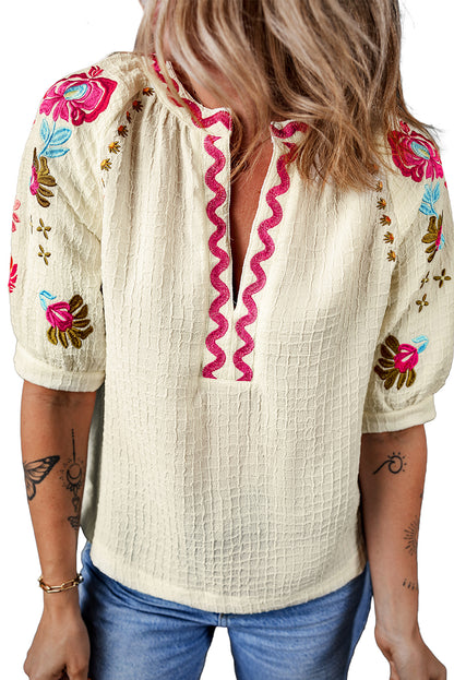 Floral Embroidered Ricrac Puff Sleeve Textured Blouse