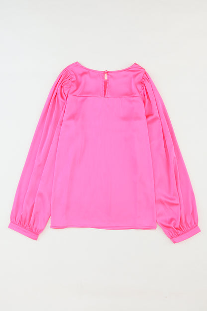 Plain Satin Puff Long Sleeve Crewneck Blouse