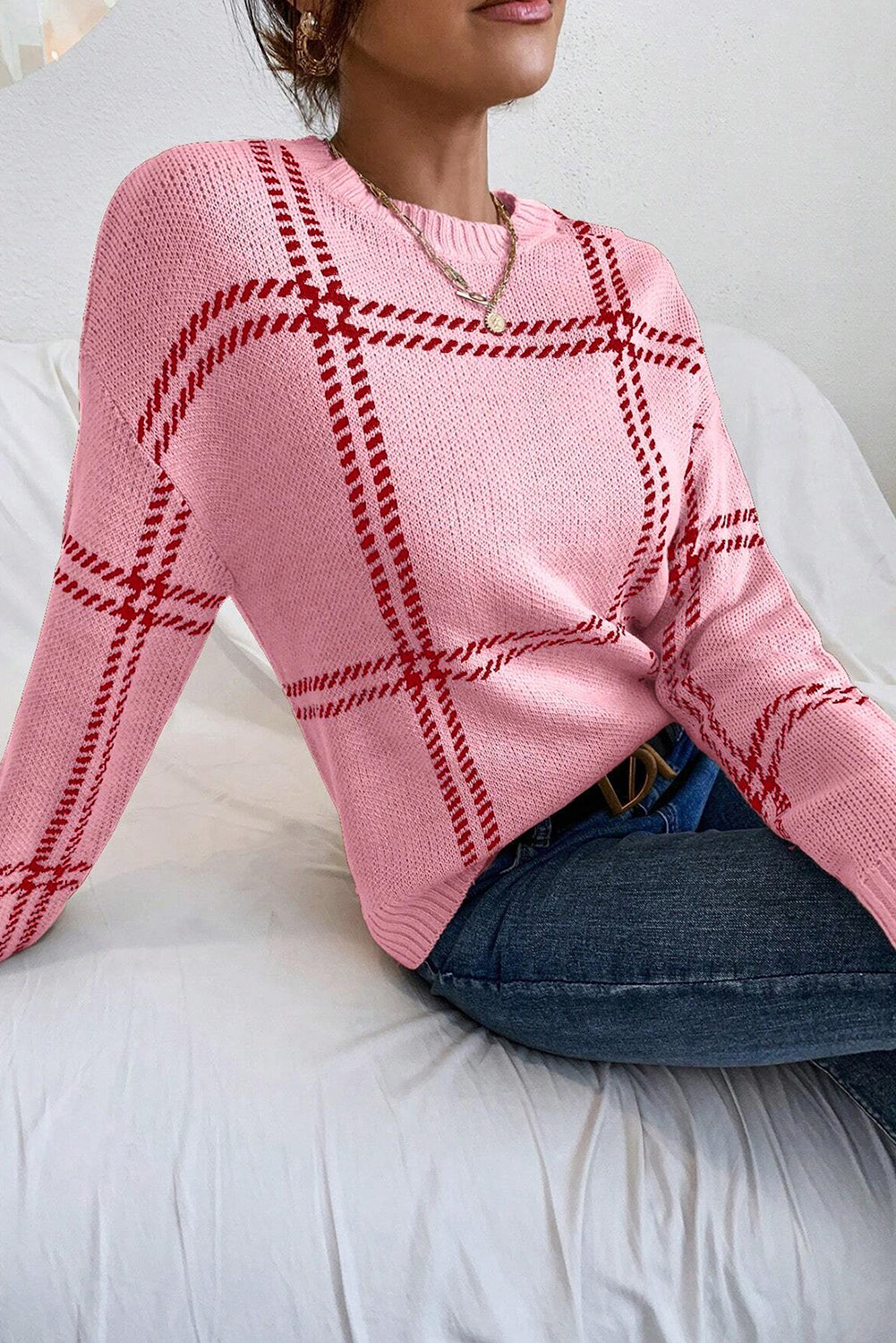 Plaid Pattern Knitted Drop Shoulder Sweater