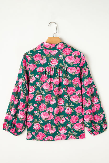 Green Floral Print Collared Puff Sleeve Blouse