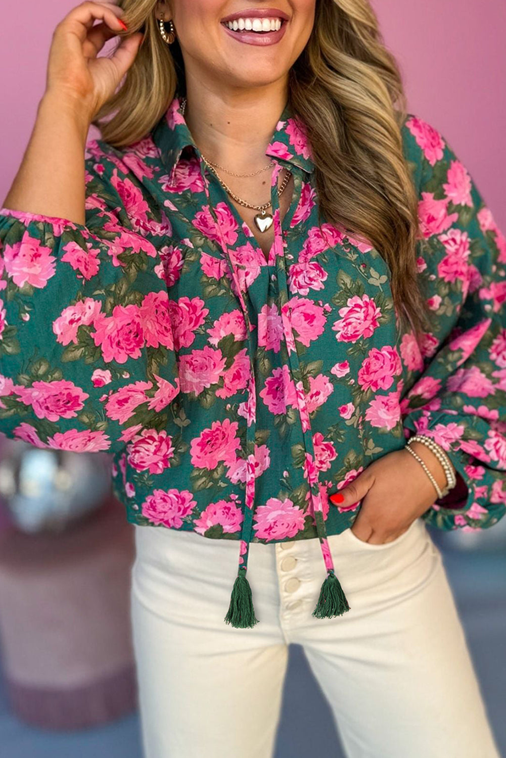 Green Floral Print Collared Puff Sleeve Blouse