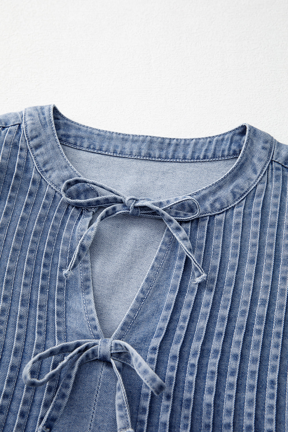 Myosotis Denim Bow Tie Pleated Puff Sleeve Top