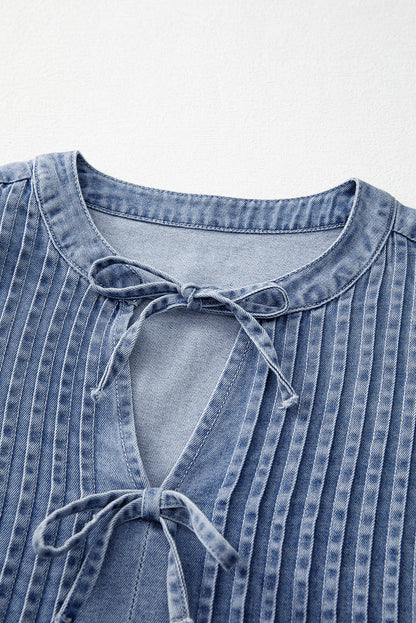 Myosotis Denim Bow Tie Pleated Puff Sleeve Top