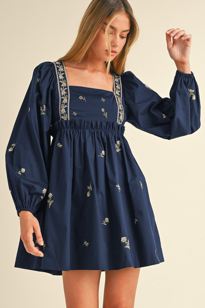 Blue Floral Embroidered Puff Sleeve Babydoll Dress