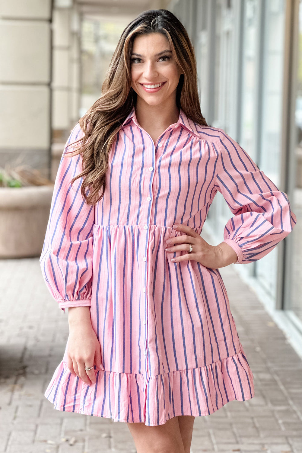 Pink Striped Button up Mini Shirt Dress