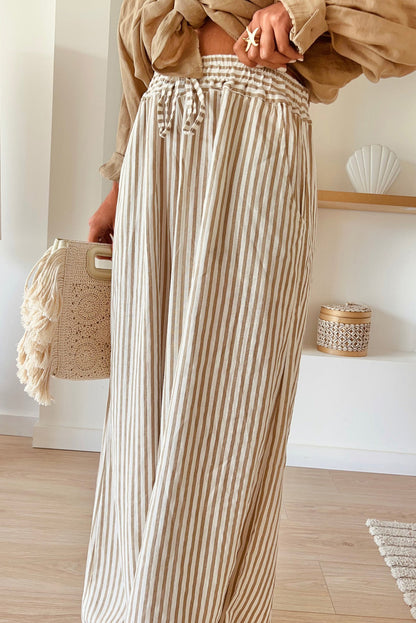 Plus Size Khaki Striped Drawstring Waist Wide Leg Pants