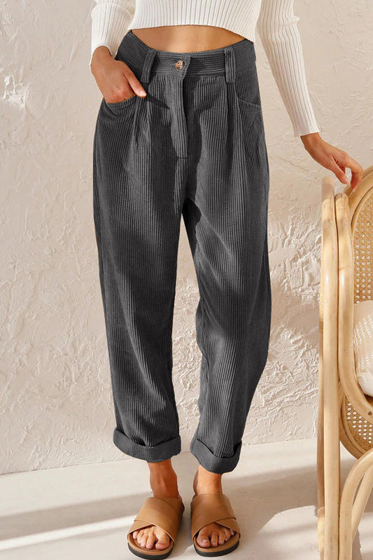 Gray Corduroy High Waist Straight Leg Pants