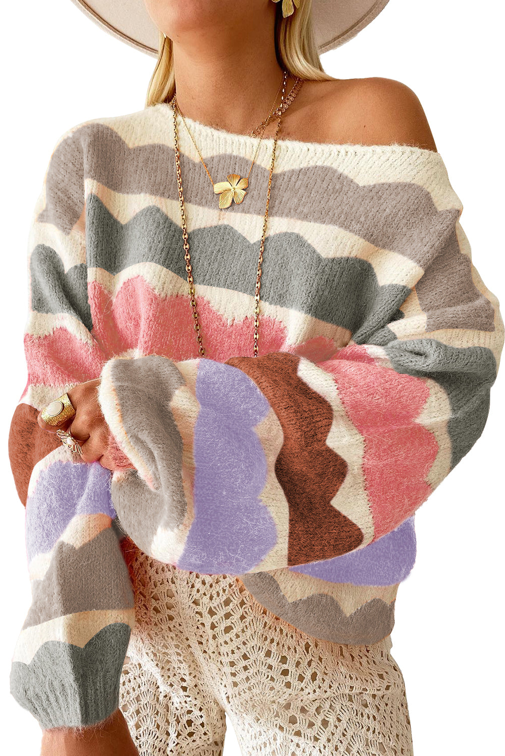 Wave Striped Balloon Sleeve Drop Shoulder Sweater