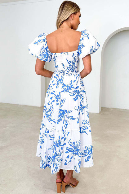 White and Blue Puff Sleeve Swing Maxi Dress