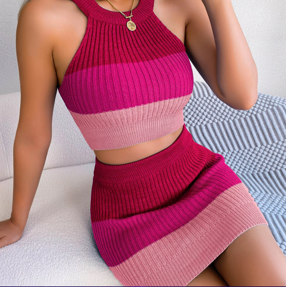 Gradient Color Two Piece Crop Top and Wrap Hip Skirt