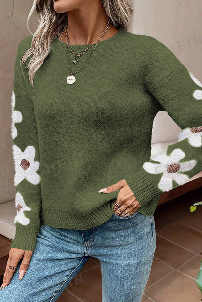 Light Grey Flower Sleeve Drop Shoulder Sweater