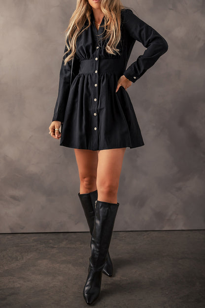 Black Cinched High Waist Long Sleeve Shirt Dress