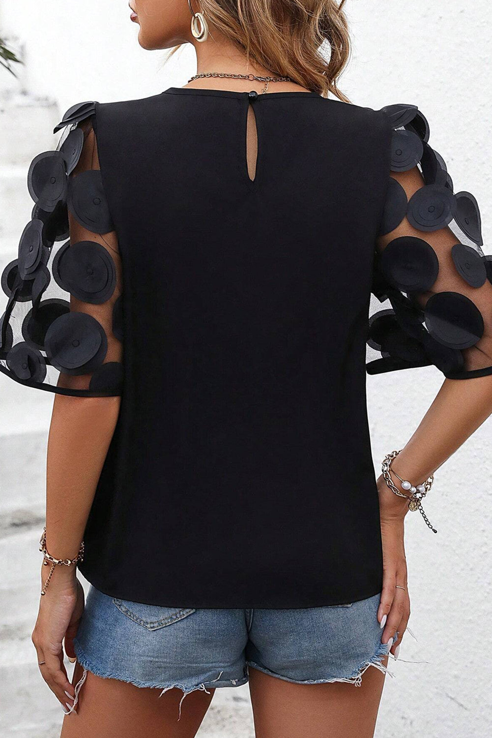 Black Contrast Applique Mesh Short Sleeve Blouse