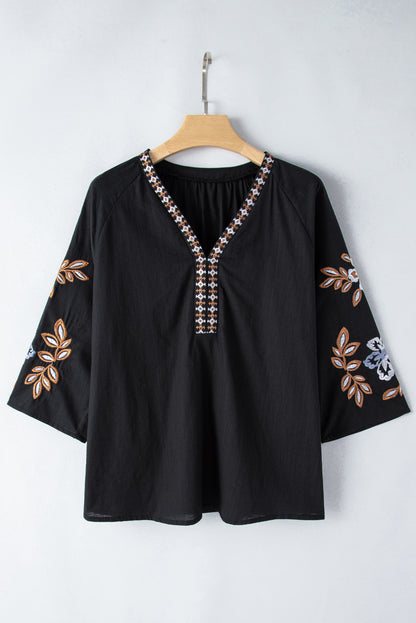 Black Boho Floral Embroidered V Neck Blouse