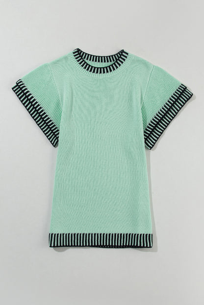 Mint Green Contrast Trim Round Neck Batwing Sleeve Knitted Top