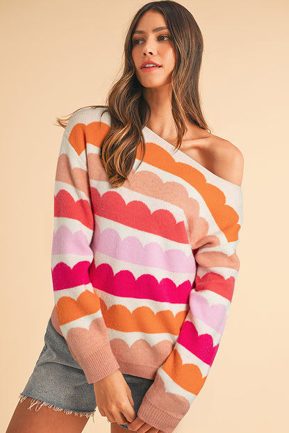 Wave Striped Balloon Sleeve Drop Shoulder Sweater