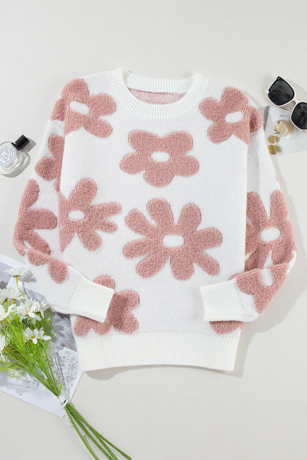 White Flower Print Loose Sweater