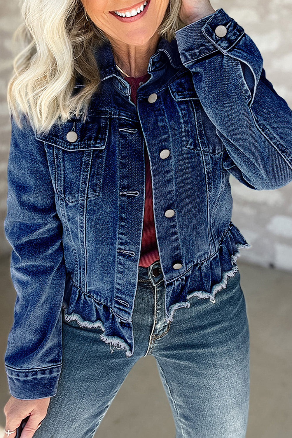 Blue Ruffle Raw Hem Flap Pockets Denim Jacket