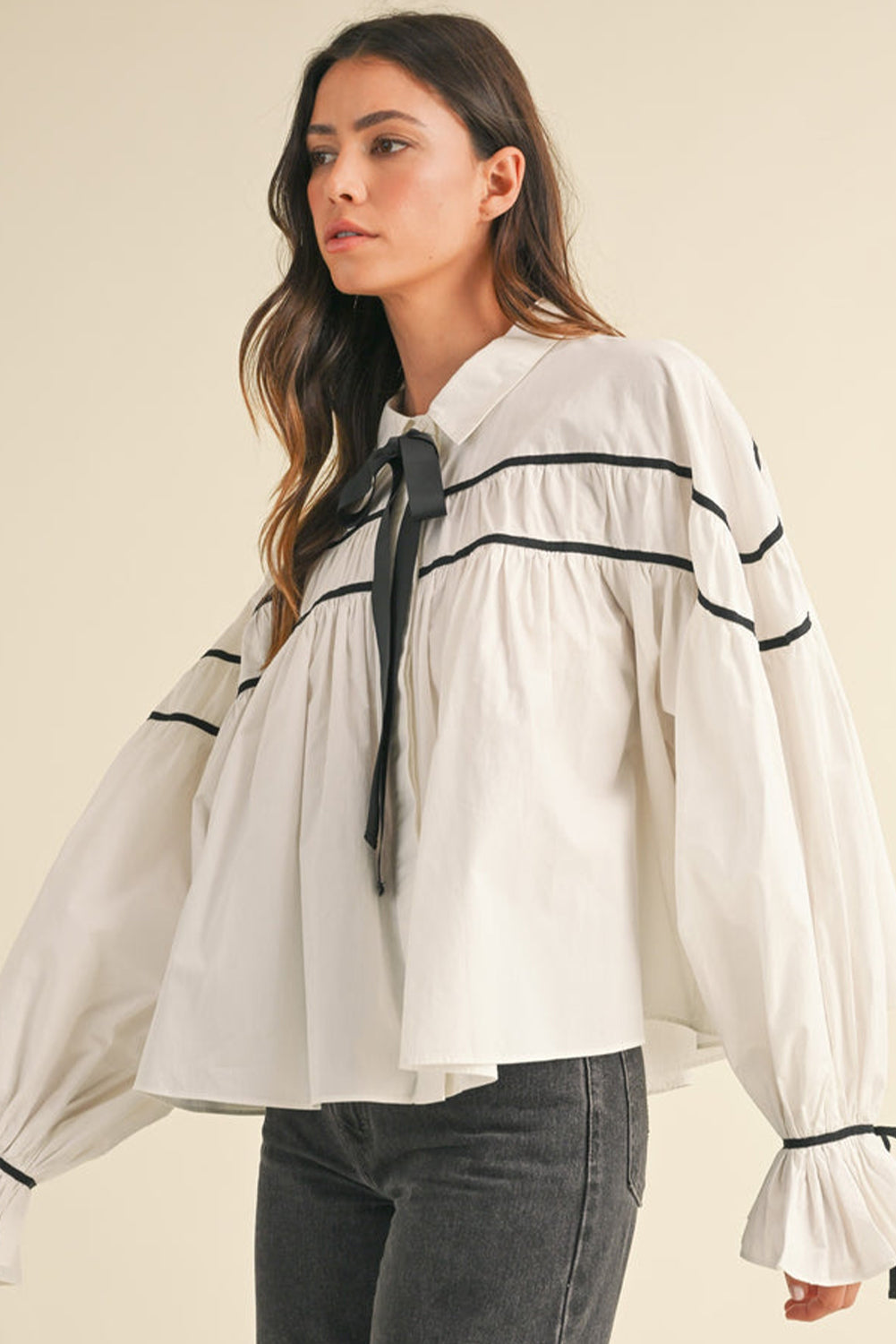 White Sweet Bow knot Button-up Long Sleeve Blouse