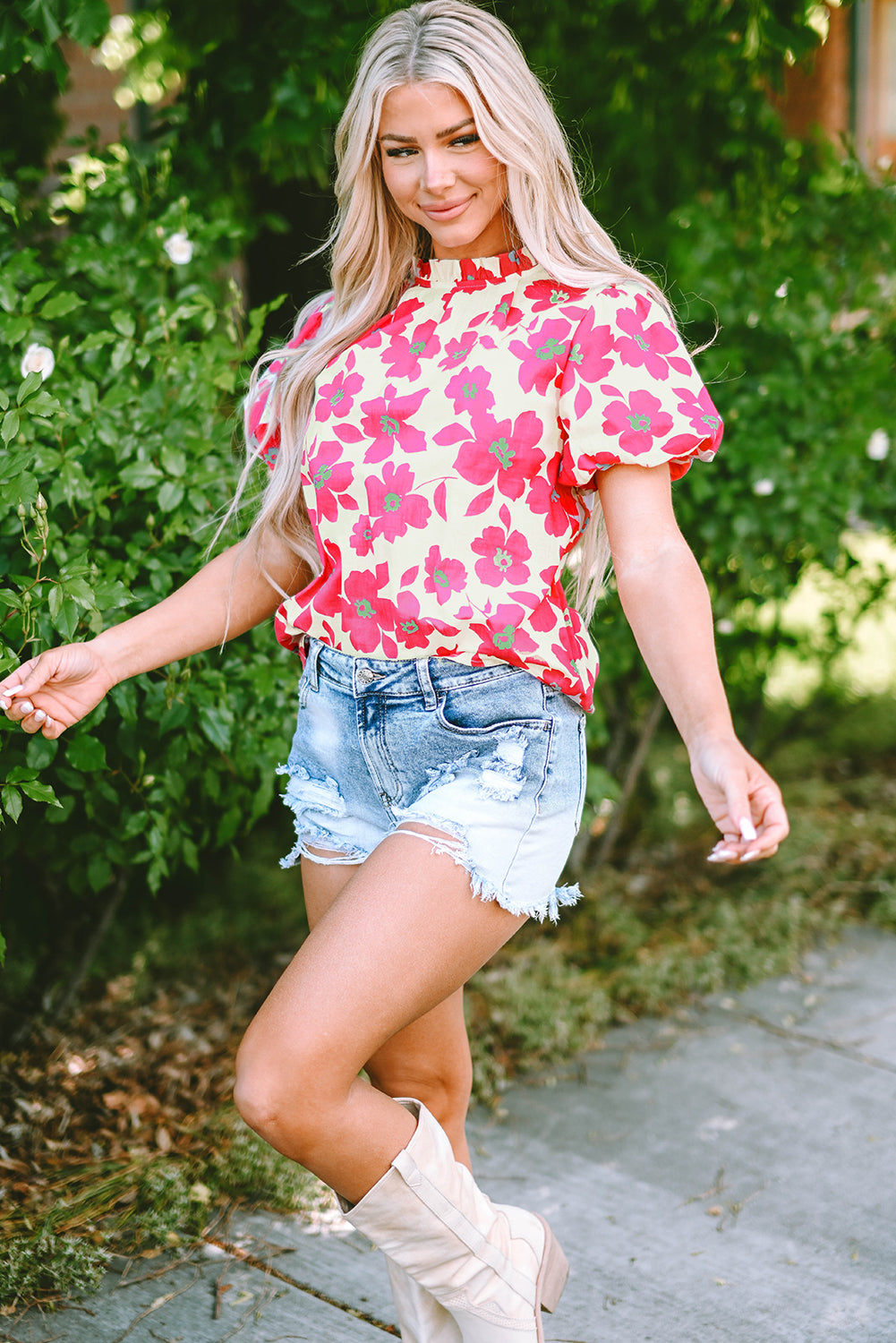 Green Floral Puff Sleeve Frilled Neckline Blouse