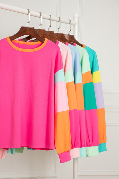 Blue Colorblock Long Sleeve Loose Top