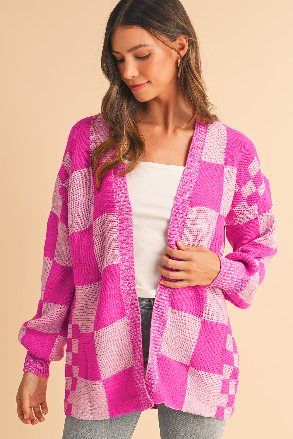 Rose Red Checkered Printed Ribbed Trim Open Front Cardigan