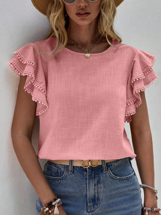 Round Neck Loose Ruffle Short Sleeved Top