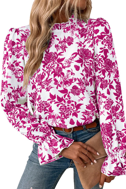 Rose Floral Print Flounce Sleeve Keyhole Back Blouse