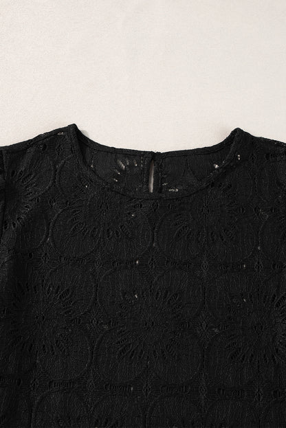 Black Floral Eyelet Jacquard Flounce Sleeve Top