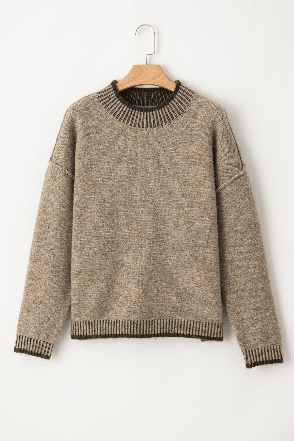 Pale Khaki Contrast Trim Mock Neck Drop Shoulder Sweater