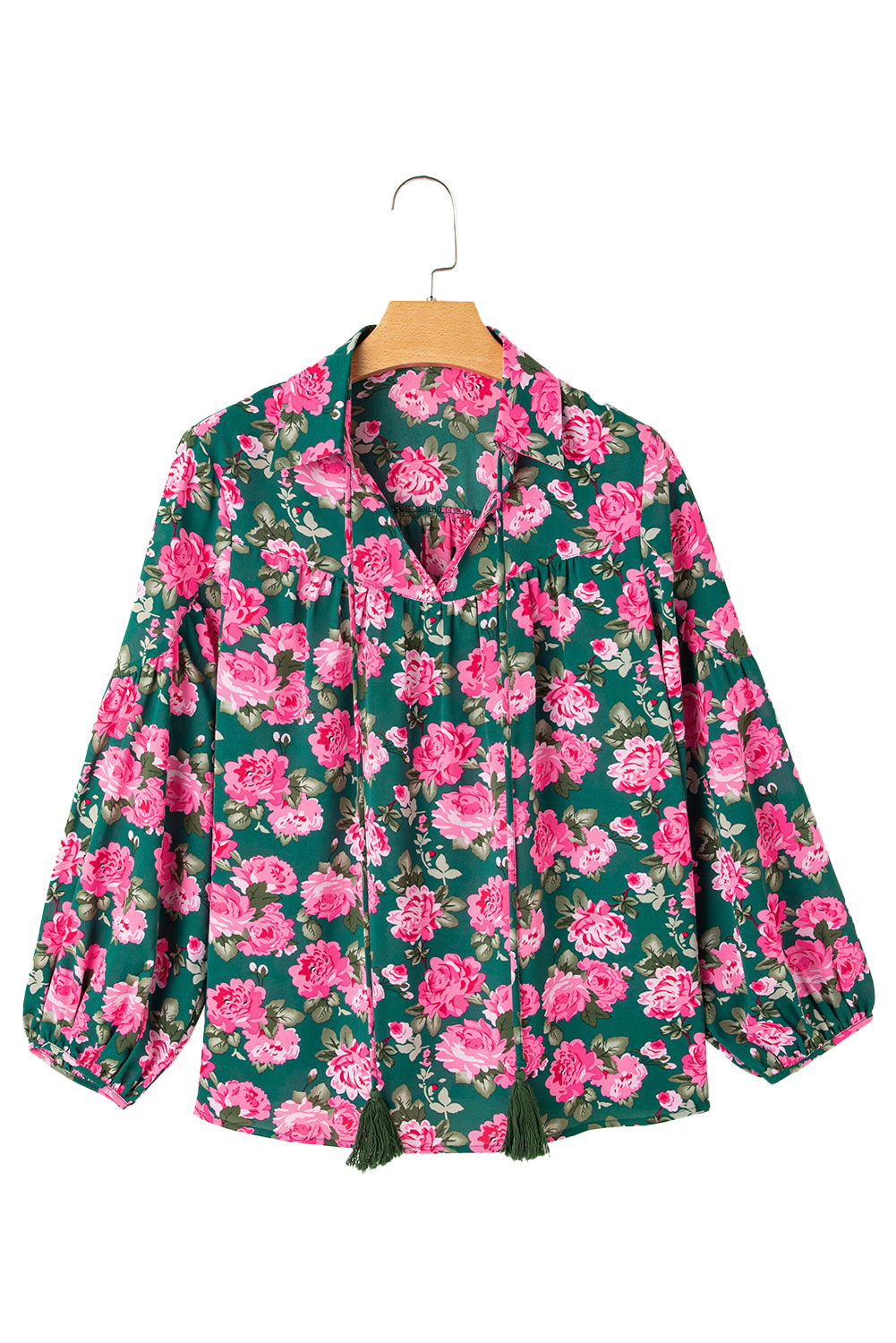 Green Floral Print Collared Puff Sleeve Blouse