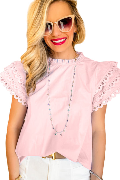 Light Pink Ric Rac Layered Cap Sleeve Frill Neck Blouse