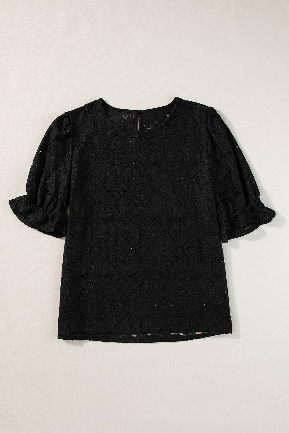 Black Floral Eyelet Jacquard Flounce Sleeve Top