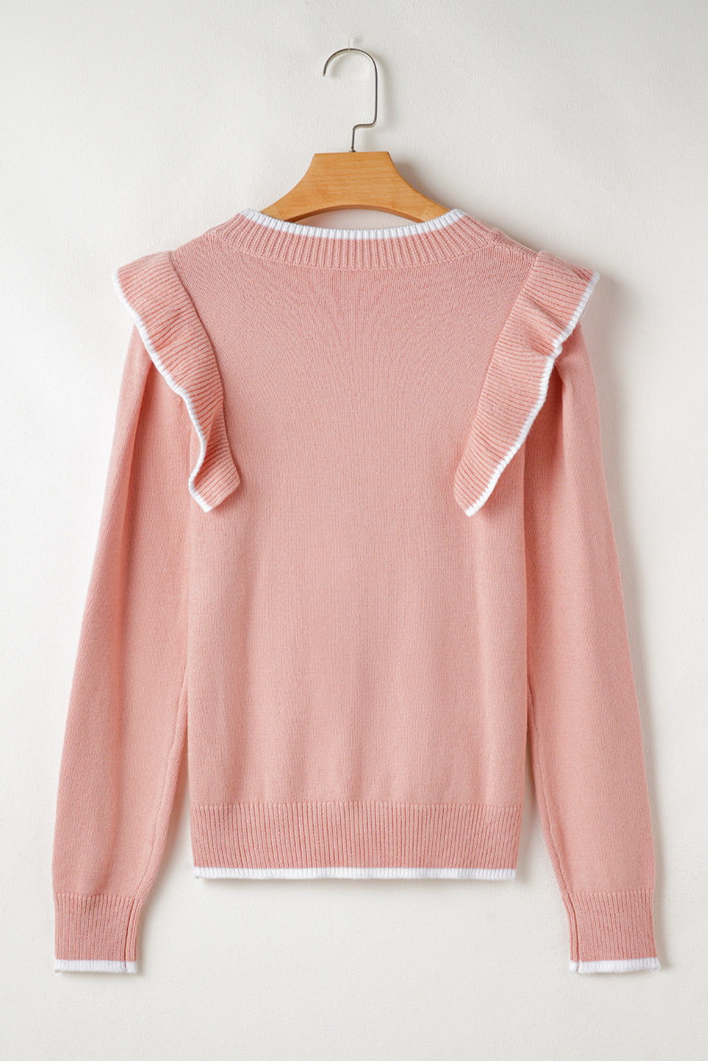 Light Pink Ruffled Bowknot Ribbed Trim Long Sleeve Sweater